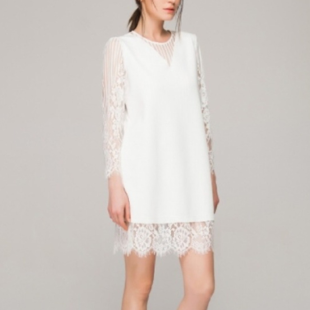 Front Row Shop White 2 layer lace mini shift dress